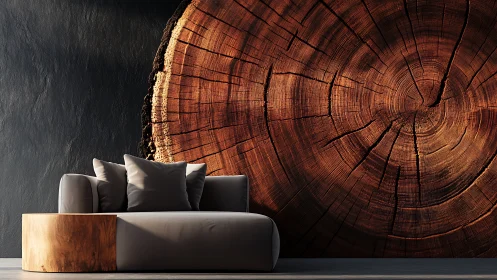 Modern sofa before dramatic giant tree ring mural wall.