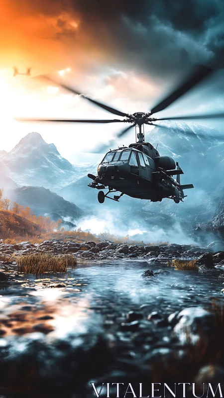 Military helicopter skims river under stormlit alpine sky