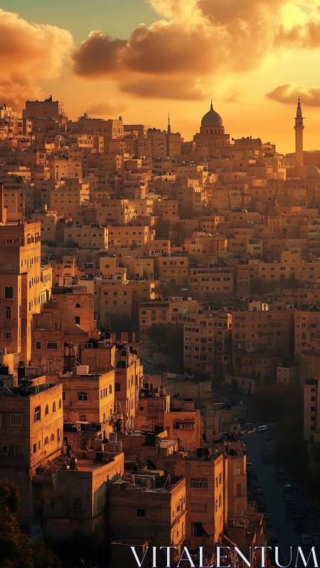 Photorealistic terraced cityscape in golden hour light.
