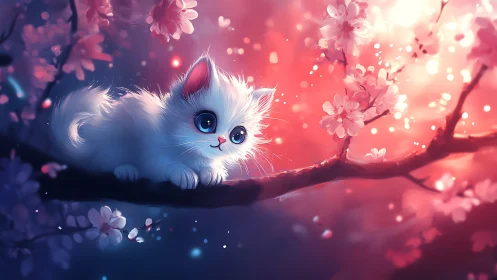 Luminous White Kitten Perched on Branch amid Cherry Blossoms and Bokeh