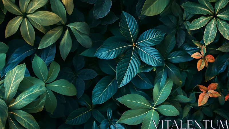 Layered tropical foliage forms a chromatic botanical field