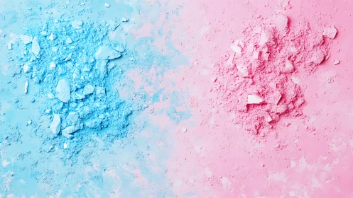 Crushed blue and pink pigment powders form textured dual-color field