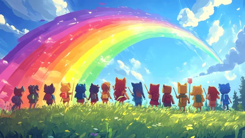 Multiple Figures Standing Under Luminous Rainbow Sky