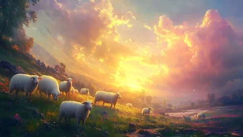 Sunlit sheep graze under glowing stormlit valley sky