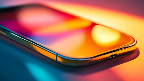 Smartphone with Vibrant Color Gradient Display and Reflective Surface Design