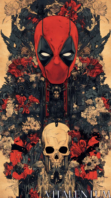 Skulled blossoms crown a masked trickster in ornate chaos