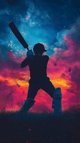 Silhouetted cricket batsman stands before dual tone sky