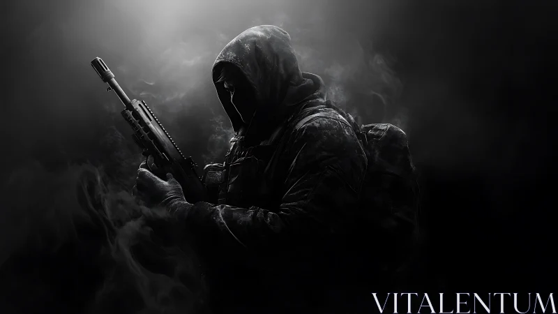 Shadowbound marksman cradles silence in a storm of smoke