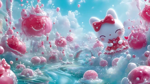 Candyfloss kitten drifts through a bubbly strawberry cloudscape.