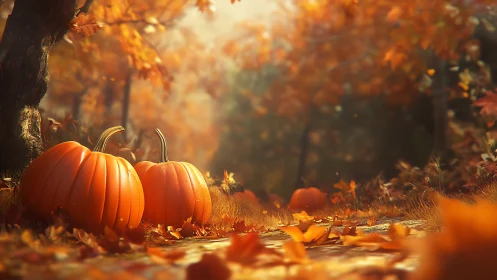Two pumpkins sit on a forest floor covered in autumn leaves