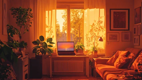Cozy sunset home office glowing with plants and soft light.