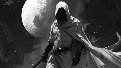 Hooded cloaked figure holding staff under full moonlight.
