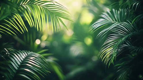 Palm fronds fill shallow-depth jungle scene with soft light