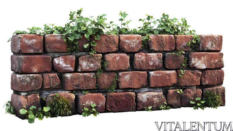 Weathered brick garden wall with creeping green foliage.