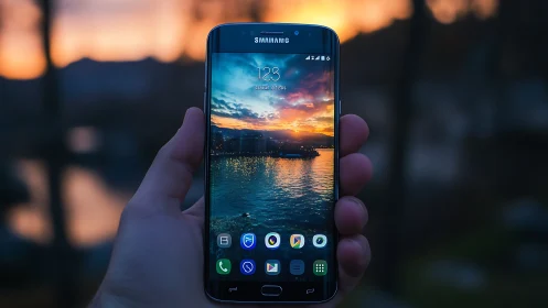 Samsung Android smartphone displaying golden sunset landscape lock screen.