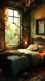Sunlit rustic bedroom with overgrown window and vines.