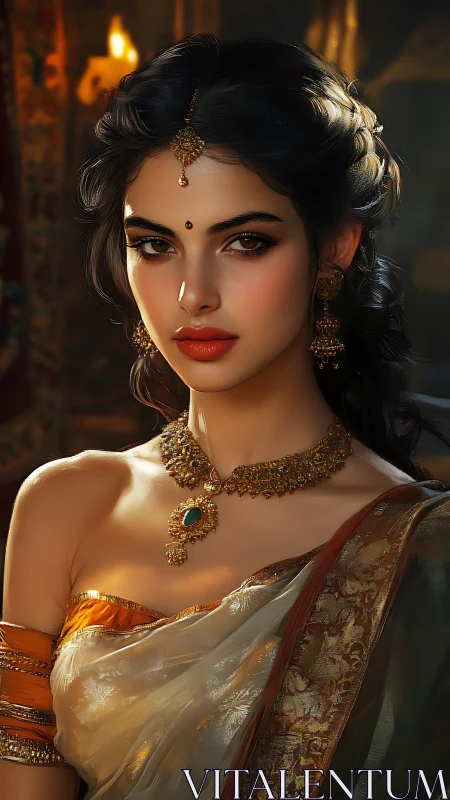 Portrait of woman in traditional Indian attire and jewelry.