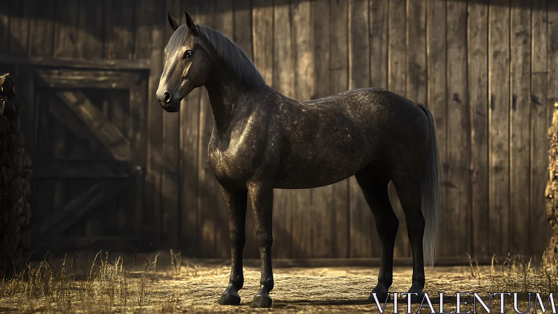 Photorealistic dappled horse rendered in warm barn lighting