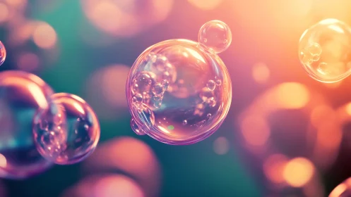 Semi-transparent soap bubbles on blurred colorful field.
