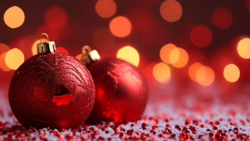 Sparkling red ornaments glow softly in warm holiday light