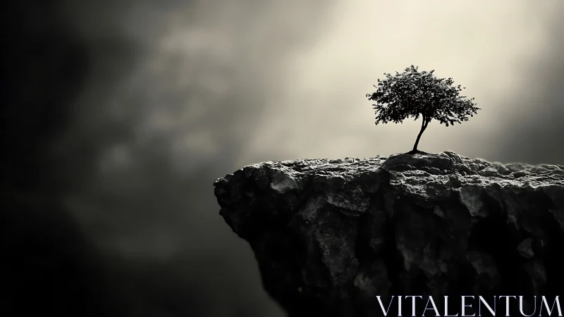 Lone Tree on Cliff Edge in Dramatic Monochrome Landscape.