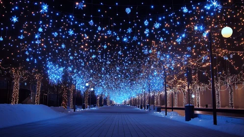 Sparkling winter walkway glows under drifting blue lights