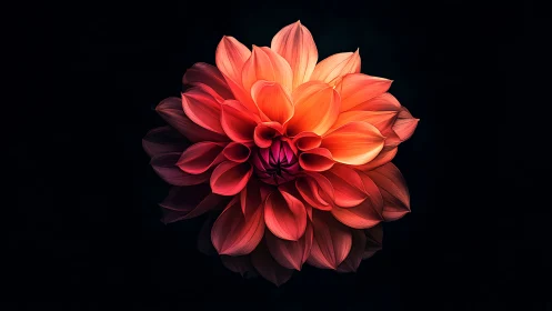 Luminous Dahlia Bloom with Radiant Coral-to-Orange Gradient Against Black Background
