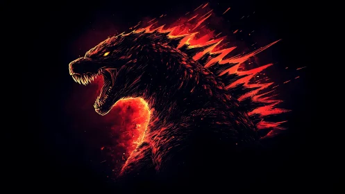 Silhouetted reptilian kaiju profile with red energy flare.