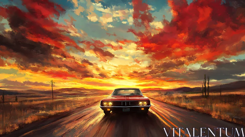Sunset highway muscle car advances under incendiary clouds