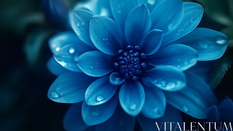 Blue Dahlia with Dewdrops in Ethereal Macro Detail
