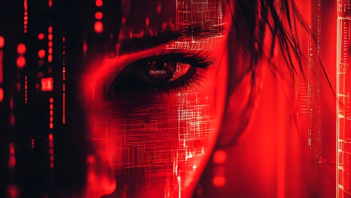 Cybernetic female eye in intense red digital matrix