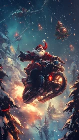 High-speed Santa on flying motorcycle over snowy conifer valley