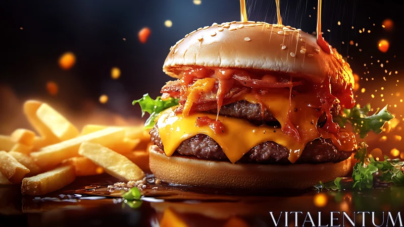 Cheeseburger with bacon, fries, and dripping sauce closeup.