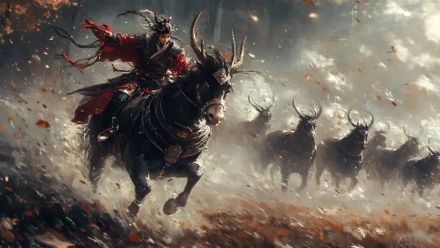 Armored warlord on horned steed leading cavalry charge in mist