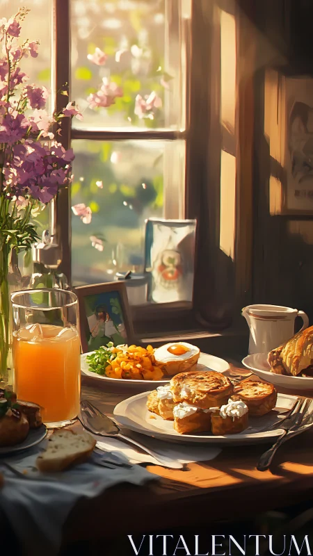 Sunlit rustic breakfast table with flowers and window bokeh