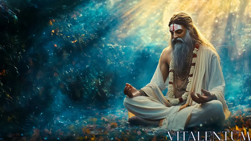 Digital painting of meditating sage in luminous forest ambience.