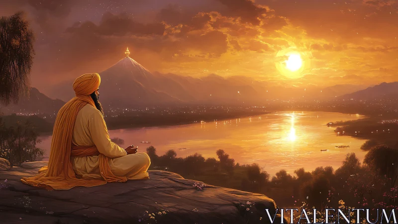 Sunset meditation beside river overlooking luminous temple peak