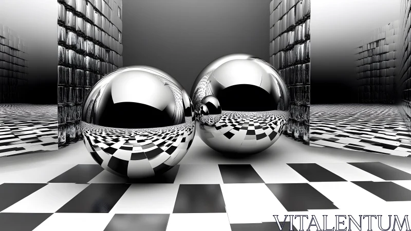 High-reflective chrome spheres in mirrored corridor with checkerboard