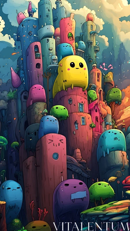 Stacked colorful blob towers form dense fantasy skyline