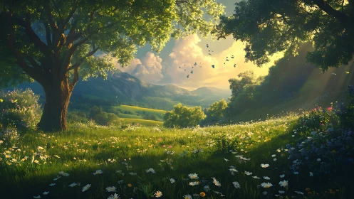 Sunlit wildflower meadow opening to dreamy green hills.