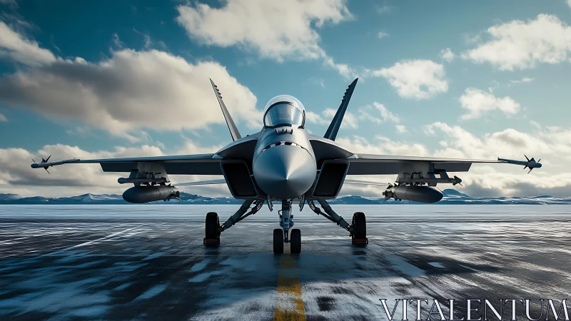 Modern fighter jet on icy runway under cold blue sky.