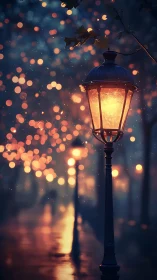 Cozy lamplight guiding a dreamy walk through rainy dusk.