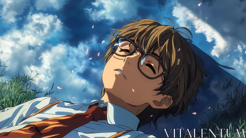 Glasses-wearing student lying in grass under clouded sky.