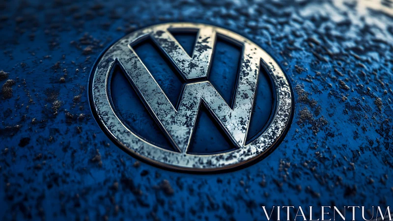 Weathered chrome VW badge on stormy blue metal canvas.