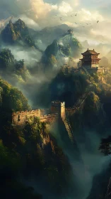 Vertical panorama of mist-laden mountain wall with tiered fortifications