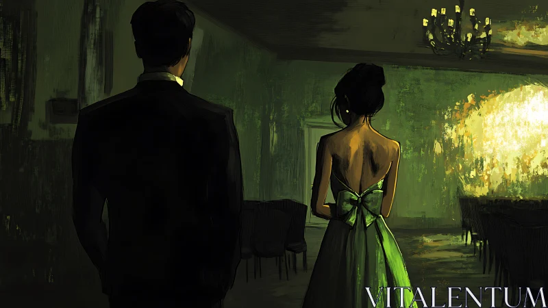 Elegant couple in dim ballroom rendered as moody digital painting