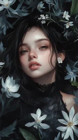 Nocturnal floral portrait of ethereal dark-haired maiden.