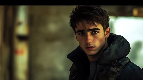 Brooding young survivor in muted urban cinematic lighting.