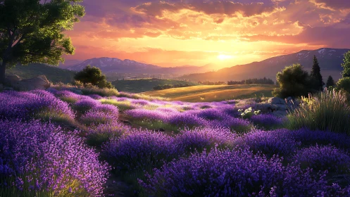 Lavender hillside under layered sunset sky with distant ranges.
