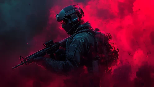 Armed tactical operator in red and teal atmospheric haze.